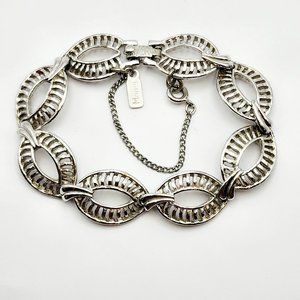 Vintage Monet Mid-Century Silver-Tone Open Link Bracelet w/Safety Chain